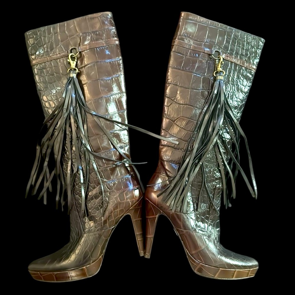 Charles David Brown Crocodile Knee Boots with Tassel